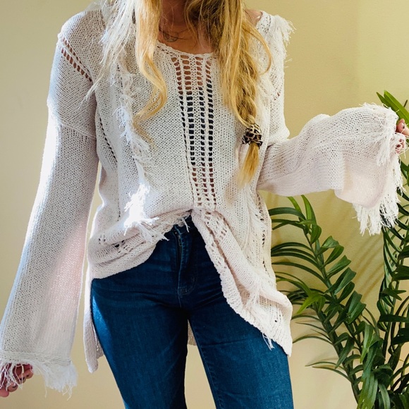 Easel Open Knit Fringe Detail Oversized Sweater - Picture 2 of 8